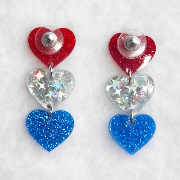 Silver Patriotic Heart Dangle Earrings 2-sided Glitter Acry - Picture 5 of 5